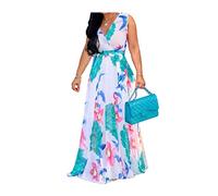 lvenzse Womens Maxi Dress Boho Chiffon Floral Printed V-Neck Long Dresses (S-5XL) - white - 5X-Large