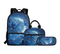 LVEWYB Blue Butterfly Moon Kids Backpack Personalized Pattern Girls School Backpack with Lunch Box and Pencil Case Washable Large Capacity Book Bag