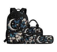 LVEWYB Moon Butterfly Daisy Kids Backpack Personalized Pattern Girls School Backpack Bag with Lunch Box and Pencil Case Washable Large Capacity Bookbag