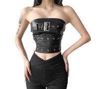 Lvguang Women's Tube Top PU Leather Strapless Steampunk Sexy Goth Black Bandeau Top Gothic Y2k Sleeveless Crop Top