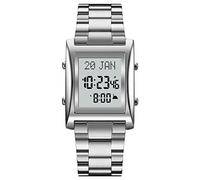 lvifloae 1815 Muslim Digital Watch for Prayer Qibla Compass Hijri Calendar Quran Bookmark City Selection Function Date Week Alarm Backlight 30M Men Azan (Silver)