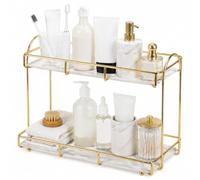 lvifloae Gold 2 Tier Bathroom Counter Organiser for Perfume, Cosmetics | with Black Marble-Effect Shelves, Metal Vanity Storage Rack and Home Accessories