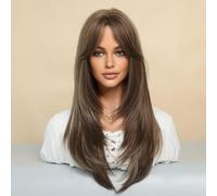 lvifloae Layered Wig Straight Brown Wig Female Eight Bangs Long Straight Hair Middle Parted Full Head Set Pick Dye Honey Blonde Straight Wig With Bangs For Women 63cm (Dark Brown&Grey)