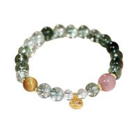 LVJMJ Crystal Agate Beaded Bracelet for Women - Stackable Round Bead Chain with Metal Spacer Accents, Ice Crystal Style, Multi-Color Green Amethyst Yellow