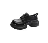 LVJMJ Womens Genuine Leather Loafers for Women UK Platform Chunky Heel Lace Up Round Toe Thick Sole Retro British Style Comfortable Breathable Daily Wear Oxford Shoes