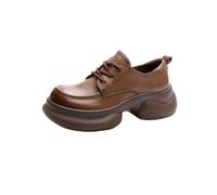 LVJMJ Womens Genuine Leather Loafers for Women UK Platform Chunky Heel Lace Up Round Toe Thick Sole Retro British Style Comfortable Breathable Daily Wear Oxford Shoes