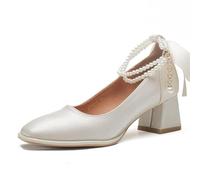 LVJMJ Womens Leather Loafers Low Block Heel Slip On Retro Comfort Shoes | Satin Upper | Pearl Ankle Strap | Block Heel 5.5cm | Square Toe | 2-in-1 Design | Microfiber Lining