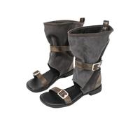 LVJMJ Women's Open Toe Slouchy Boots Round Toe Mid Heel 3-5cm Thick Sole Buckle Strap Color Block Roman Style Side Cutout Split Leather or Microfiber Pull-on Three Seasons Black Brown