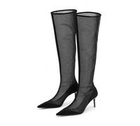 LVJMJ Women's Over The Knee Boots Pointed Toe Stiletto Heel Sheer Mesh See Through Cutout Party Evening High Heel Tall Boots Side Zip Summer Roman Style, Black Apricot