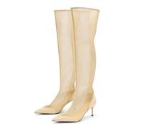 LVJMJ Women's Over The Knee Boots Pointed Toe Stiletto Heel Sheer Mesh See Through Cutout Party Evening High Heel Tall Boots Side Zip Summer Roman Style, Black Apricot