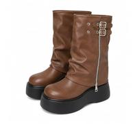LVJMJ Womens Punk Mid Calf Boots Platform Chunky Heel Vegan Leather Slip On | PU Leather | Dual Metal Buckle | Side Zip | 5-8cm Chunky Heel | Mid Calf | Slip On Style | Street Punk