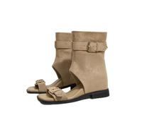 LVJMJ Women's Roman Gladiator Wedge Sandals Open Toe Suede Side Zipper Mid Calf Slouchy Boots Cutout Buckle Strap Rivet Decor Summer Retro Casual Black Tan Brown
