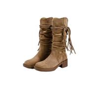 LVJMJ Women's Round Toe Slouchy Boots Chunky Heel 3-5cm Mid Calf Ruched Suede Texture Braided Strap Tassel Wasteland Style High Shaft Short Shaft Two Length Options Pull-on Khaki Four Seasons