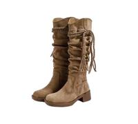LVJMJ Women's Round Toe Slouchy Boots Chunky Heel 3-5cm Mid Calf Ruched Suede Texture Braided Strap Tassel Wasteland Style High Shaft Short Shaft Two Length Options Pull-on Khaki Four Seasons