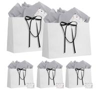 LVNRIDS 5 Piece Gift Bag Large with Handle, 32x11x25cm Gift Bags with ribbons 5 Greeting Cards 5 Tissue Paper, Gift Bags for Wedding Birthday Party Christmas Thanksgiving Presents White