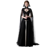 L'VOW Black Vampire Cloak with Lace Collar Women Standinng Collar Long Tulle Cape Gothic Cloak Halloween Witch Cosplay, Black, One Size