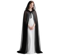 L'VOW Chiffon Hooded Cloak - Long Train Fairy Cape for Wedding, Elf Halloween Cosplay, Black, One Size