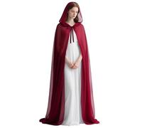 L'VOW Chiffon Hooded Cloak - Long Train Fairy Cape for Wedding, Elf Halloween Cosplay, Burgundy, One Size