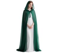 L'VOW Chiffon Hooded Cloak - Long Train Fairy Cape for Wedding, Elf Halloween Cosplay, Dark Green, One Size
