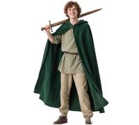 L'VOW Medieval Green Hobbit Cloak Renaissance Elf Hooded Cape wtih Leaf Brooch Clasp
