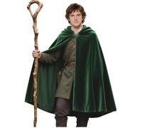 L'VOW Medieval Green Hobbit Cloak Renaissance Elf Hooded Cape wtih Leaf Brooch Clasp