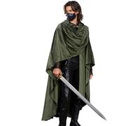 L'VOW Medieval Hooded Cloak with Detachable Brooch - Renaissance Cape Halloween Fantasy Cosplay Wizard Costume, Army Green, One Size