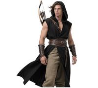 L'VOW Men's Medieval Hooded Surcoat Renaissance Tabard Sleeveless Tunic Cloak Viking Costume Holloween Assassin Cosplay, Black, L