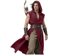 L'VOW Men's Medieval Hooded Surcoat Renaissance Tabard Sleeveless Tunic Cloak Viking Costume Holloween Assassin Cosplay, Burgundy, L