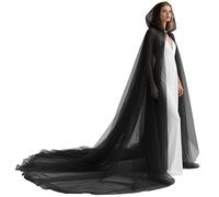 L'VOW Women Tulle Hooded Cape with Long Train Elf Cloak with Hood, Black