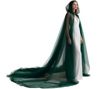 L'VOW Women Tulle Hooded Cape with Long Train Elf Cloak with Hood for Halloween Wedding Cosplay, Dark Green, One Size
