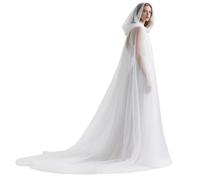 L'VOW Women Tulle Hooded Cape with Long Train Elf Cloak with Hood for Halloween Wedding Cosplay, White, One Size