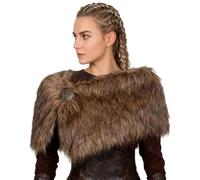L'VOW Women Viking Faux Fur Shawl and Wrap Fur Stole with Medieval Brooch Fur Collar for LARP GoT Warrior Costume Accessories, Brown, Medium