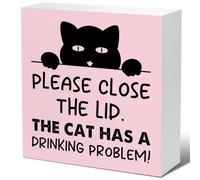LVQHI Funny Bathroom Wood Block Signs,Please Close the Lid the Cat Has A Drinking Problem Wooden Box Sign for Bathroom Shelf Toilet Restroom Home Tabletop Desk Decor,Rustic Bathroom Sign Decor Pink