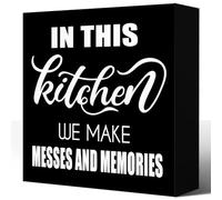 LVQHI Nostalgic Kitchen Wooden Block Sign With "In This Kitchen We Make Messes And Memories" Quote, Heartwarming Family Kitchen Decor, Cottage Style Wooden Plaque, Unique Gift Idea, 5"L x 5"W x 1.2"H