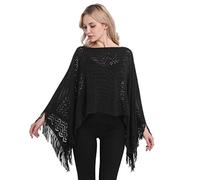 LvRao Stylish Knit Crochet V Neck Poncho Cape with Tassels for Women Cover-Ups Pullover Tops for Spring Autumn (Black, One Size)
