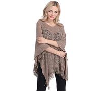 LvRao Stylish Knit Crochet V Neck Poncho Cape with Tassels for Women Cover-Ups Pullover Tops for Spring Autumn (Khaki, One Size)