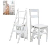 LVSEWOA 4-Tier Solid Wood Folding Ladder Chair - Protable 4-Step Library Ladder,Foot Stools Ladder Flower Shelf Portable Wooden Stepladder for Office/Home/Kitchen/Library,white-37 * 47 * 9