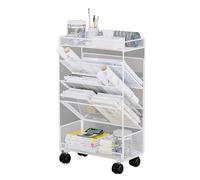 LVSEWOA Compact White Metal Rolling Bookshelf with Wheels for Narrow Spaces Mobile Desk Storage Trolley Floor Standing Corner Display Rack and Magazine Rack，White 33.5x17x57cm