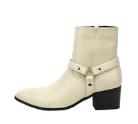 LVTFIYQX Men's Pointed-Toe White Chelsea Boots, Chunky Heeled Durable Breathable Motorcycle Boots, Waterproof Leather Boots for Autumn and Winter