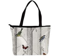 LVTISEE Bird Butterfly Tree Woods Pattern Tote Bag for Women Top-Handle Purse Zipper Shoulder Bag Hobo Travel Shopping Handbag