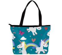 LVTISEE Cartoon Rainbow Unicorn Butterfly Love Green Pattern Tote Bag for Women Top-Handle Purse Zipper Shoulder Bag Hobo Travel Shopping Handbag