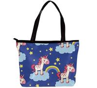 LVTISEE Cute Cartoon Unicorn Rainbow Blue Pattern Tote Bag for Women Top-Handle Purse Zipper Shoulder Bag Hobo Travel Shopping Handbag
