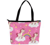 LVTISEE Cute Cartoon Unicorn Rainbow Pink Pattern Tote Bag for Women Top-Handle Purse Zipper Shoulder Bag Hobo Travel Shopping Handbag