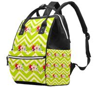 LVTISEE PInk Red Floral with Green Zig Zag Stripes Diaper Bag Mummy Backpack Nappy Nursing Bag for Baby Care