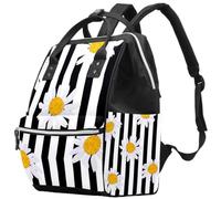 LVTISEE White Daisy on Black White Stripe Diaper Bag Mummy Backpack Nappy Nursing Bag for Baby Care