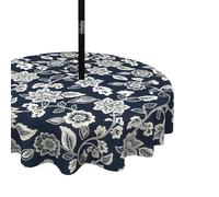 LVTXIII Outdoor/Indoor Round Tablecloth, Patio Stain Resistant Table Covers with Umbrella Hole and Zipper for Patio Garden Buffet Table Decoration, 60 Inch, Elegant Vines Navy