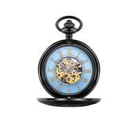 LVUNZJCA Men's Pocket Watch Delicate Vintage Pocket Watch with Chain Classic Flip Mechanical Pocket Watch Roman Carved Hollow Watch Pocket Watch for Birthday(Color:Blue)