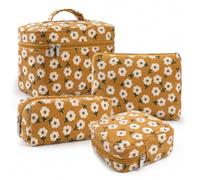 LVWNM 4 Pcs Makeup Bag for Women Corduroy Cosmetic Bag Aesthetic Cute Bags Multi Size Purse Pouch Travel Toiletry Bag Set Makeup Organizer with Zipper, 13-GoldDaisy, Casual