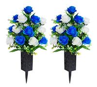 LVXINLI 2 Sets Artificial Cemetery Flowers with vase-Beautiful Arrangements for Headstones -Memorial Flowers，Black Plastic vase with Drainage Hole Long Spikes Outdoor Memorials(Dark Blue)