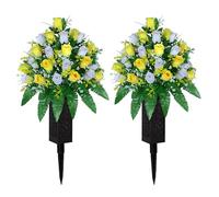 LVXINLI Artificial Cemetery Flowers, Gravesite Decoration Roses, Memorial Bouquets with Cemetery Vase, Vibrant and Long-Lasting Colors (Yellow+White, 2 Bundles)